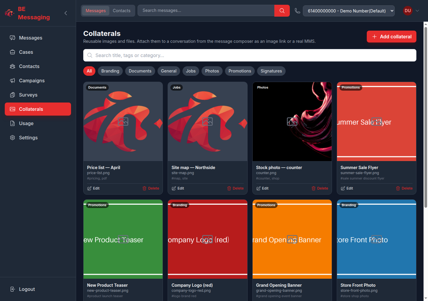Collaterals library in the portal: categories, search, and saved files