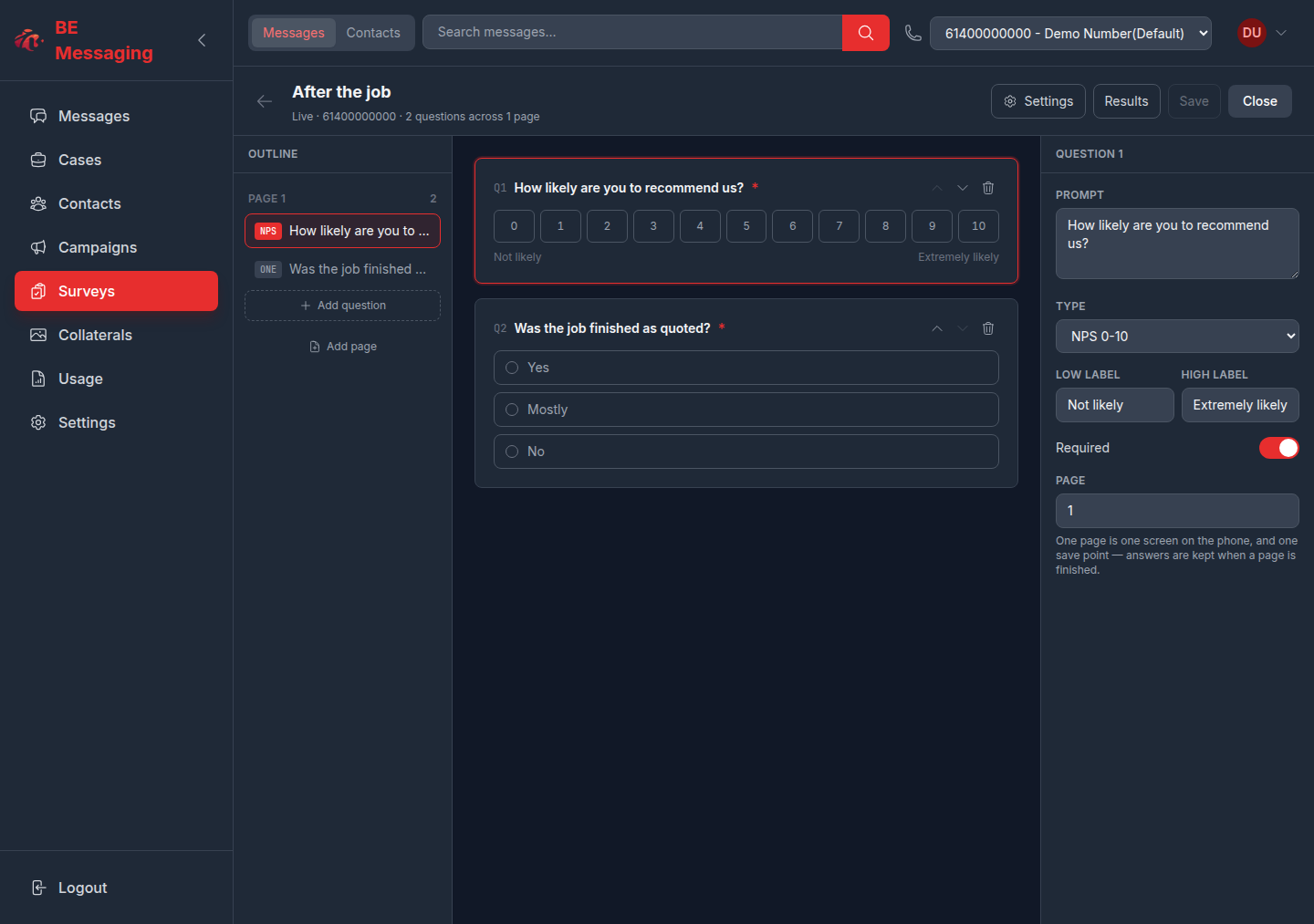 Survey builder with NPS and multiple-choice questions