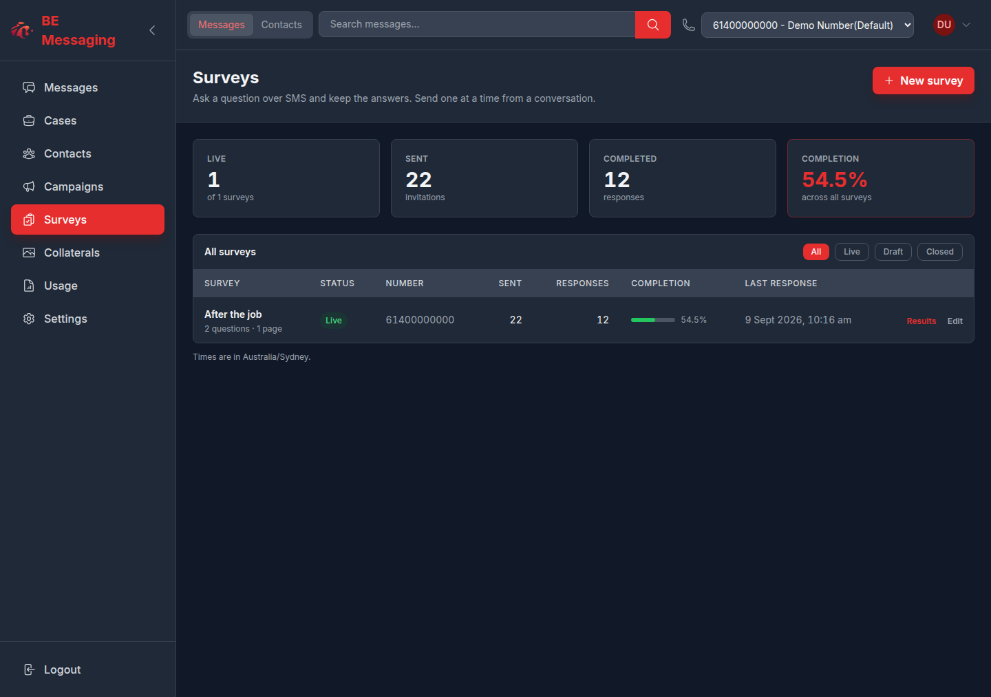 Surveys list in the portal: live survey, invitations sent, completion rate